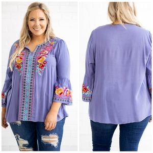 Savanna Jane Embroidered Blouse, Flare Sleeve, 2X, Boho V-Neck Tunic, Flawed
